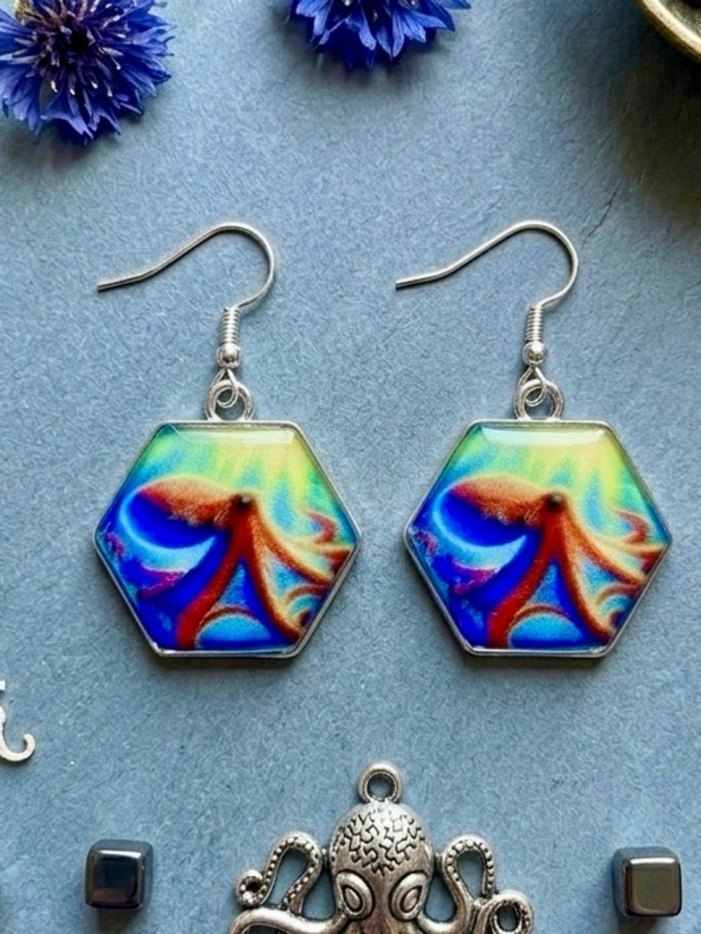 Blue Multicolor Hexagon Octopus Drop Earrings - Women Jewelry